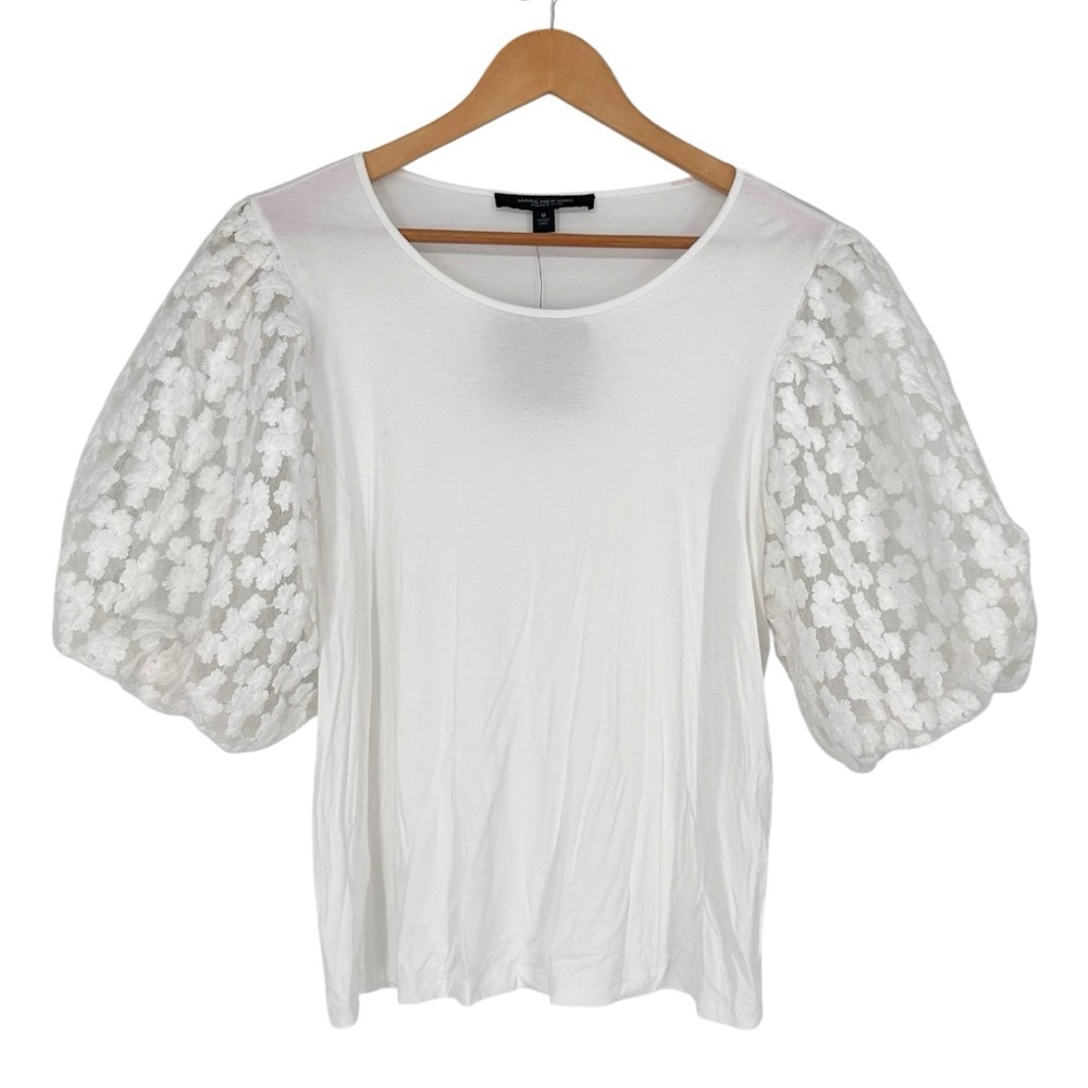 Marc New York White Puff Sleeve T-Shirt size Medium NWT Scoop Neck Embroidered